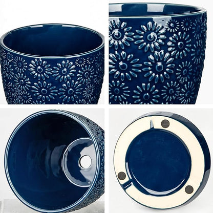 Hollyone 6 Inch Blue Ceramic Planter Flower Plant Pot with Drainage Hole and Saucer for Plants Embossed Indoor Outdoor Garden Embossed Ceramic Glazed Round Pot for Succulent Orchid Sunshine Pattern
