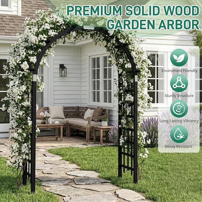 Outvita 7Ft Wooden Garden Arbor Arch, Wood Arbor Trellis, Pergola Archway for Wedding Ceremony Decoration Pergola Plant Climbing Rose Vines Lawn Courtyard Patio Black