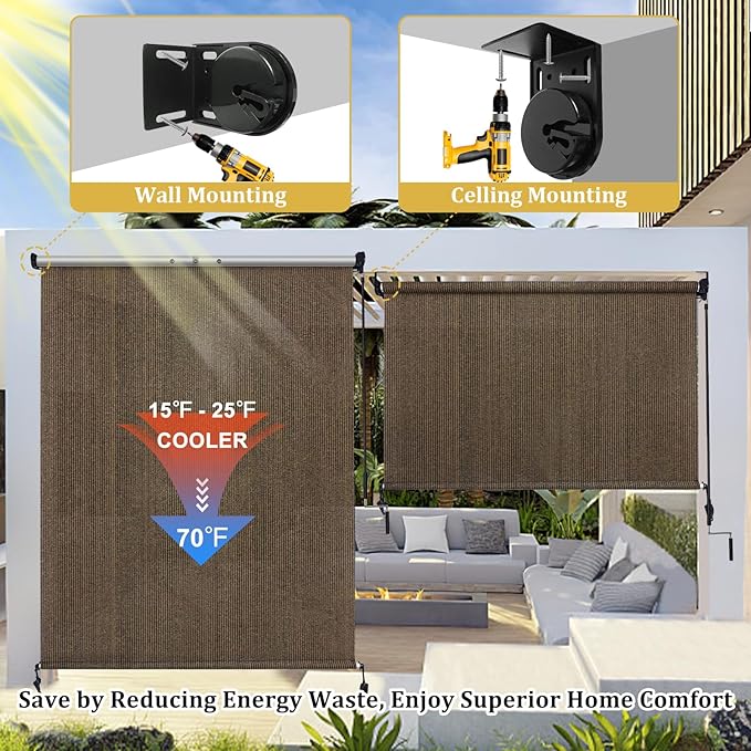 Shade&Beyond Outdoor Roller Shades with Splicing Design, 8' W x 8' H Cordless Patio Roll Up Blinds, Exterior Shade Cloth Roll for Porch, Gazebo, Pergola, Balcony, Mocha