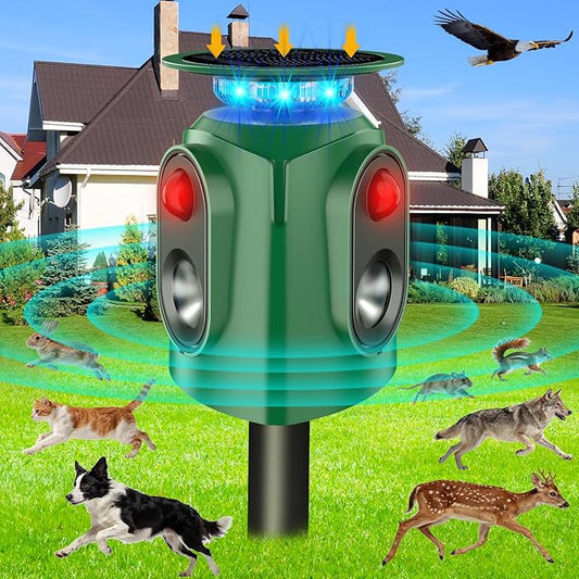 Ultrasonic Animal Repeller Outdoor - Cat Repellent Outdoor & Deer Deterrent with PIR Sensor, Solar Powered for 360° Protection Against Cats, Deer, Squirrels, Raccoons, Rabbits in Garden, Yard, Farm