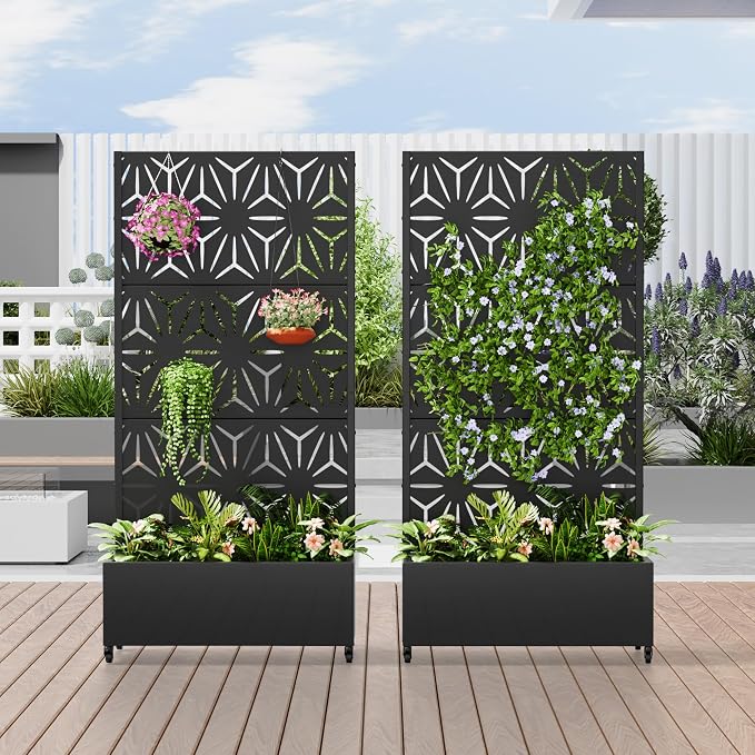 Casaphoria Metal Raised Garden Bed with Trellis and Wheels, 72"x35"x16" Planter Box for Climbing Plants, Vegetables & Vines, Features Drainage Holes and Privacy Screen (Black-Star)