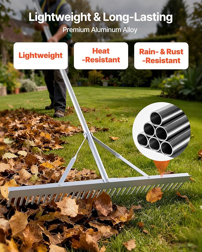 VEVOR Landscape Rake, 36 inch Wide Head 102 inch Handle, Large Heavy Duty Aluminum Landscaping Leaf Rake Tool, Asphalt Level for Loosening Soil, Garden & Yard, Pond Gravel & Beach Lawn Care, 52ft Rope