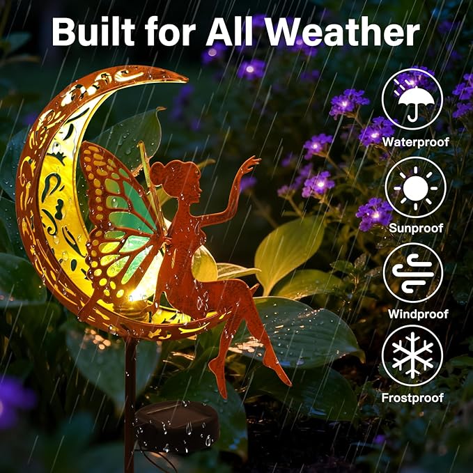 Solar Fairy Garden Light Outdoor Yard Decor Gifts for Women Mom Grandma | Solar Auto On/Off, IP65 Waterproof Rustproof, Easy Stake Install, Durable Metal Build, Cracked Glass Moonlight Glow