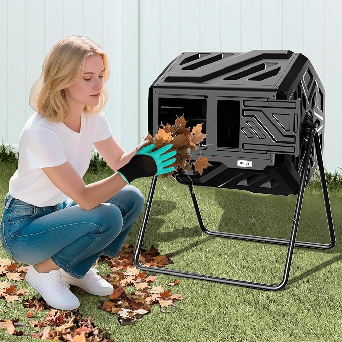 Werph 43 Gallon Compost Bin with Gloves, Fast Assembly & Easy Setup Outdoor Compost Tumbler, Updated Dual Chamber Tumbling Composter for Garden, Kitchen, and Yard Waste, Black