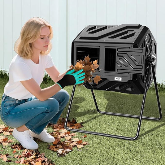 Werph 43 Gallon Compost Bin with Gloves, Fast Assembly & Easy Setup Outdoor Compost Tumbler, Updated Dual Chamber Tumbling Composter for Garden, Kitchen, and Yard Waste, Black