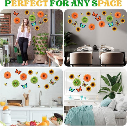 Therwen 10 Pcs Metal Wall Art Decor for Outside 3D Metal Sunflower Bee Butterfly Backyard Decorations Hanging Outdoor Wall Art Multicolored Flowers for Garden Fence Patio Yard Outdoor Porch