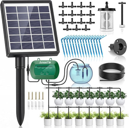 Solar Drip Irrigation System, Automatic Watering Kit with Split Design & Anti-Siphon Valve, 12 Modes Garden Irrigation System with 49ft Hose for 15 Potted Plants, Patio, Balcony & Greenhouse