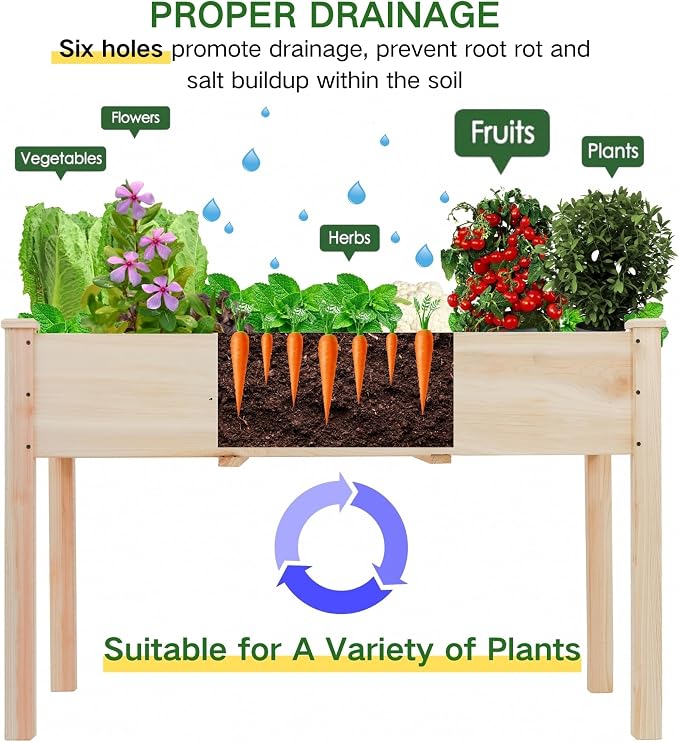 Raised Garden Bed 48x24x30in Elevated Wooden Horticulture Planter Box with Legs Standing Growing Bed for Gardening/Backyard/Patio/Balcony