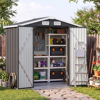 6x4FT Outdoor Storage Shed with Floor Black | Metal Garden Tool Shed with Sloping Roof & Lockable Door for Patio Lawn Backyard