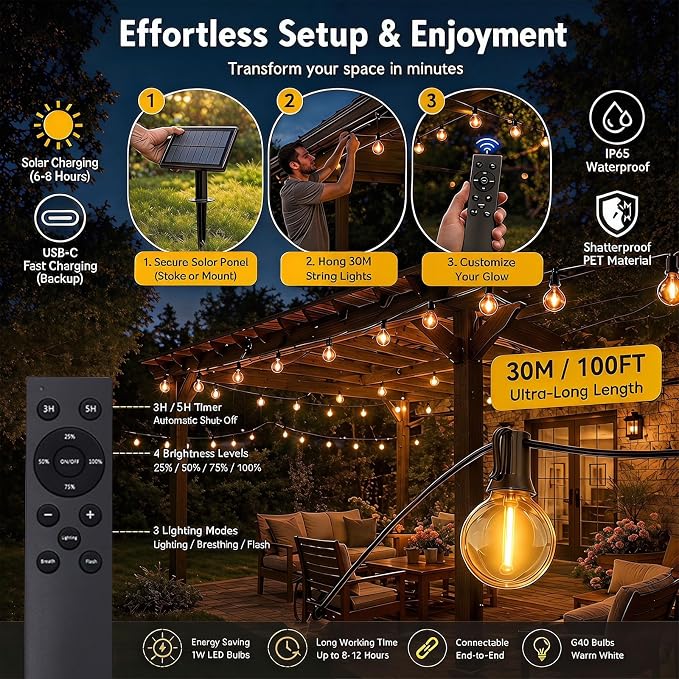 100FT Solar String Lights Outdoor Waterproof, G40 Patio Lights Shatterproof Bulbs with Remote Control, Dimmable Timer 3 Lighting Modes for Porch, Yard, Backyard, Garden, Camping Decor