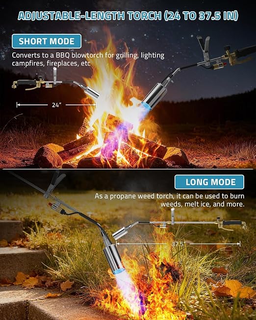 PAULINN Propane Torch Weed Burner, High Output 340,000 BTU Flamethrower with QCC 12 FT Hose, Compatible with 1 lb Propane cylinders and Any Standard 5–100 lb Tanks, Self-Ignite & Dual Flame Control