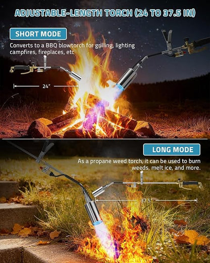 PAULINN Propane Torch Weed Burner, High Output 340,000 BTU Flamethrower with QCC 12 FT Hose, Compatible with 1 lb Propane cylinders and Any Standard 5–100 lb Tanks, Self-Ignite & Dual Flame Control