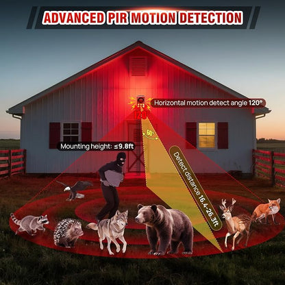 Solar Outdoor Motion Sensor Alarm, Dog Barking&Gunshot Sound,130db Loud Noise Maker,Support Recording,13 Kinds of Sound and Strobe Light to Deter Raccoons, Deer, Skunks, Bears, and Coyotes (2 Pack)