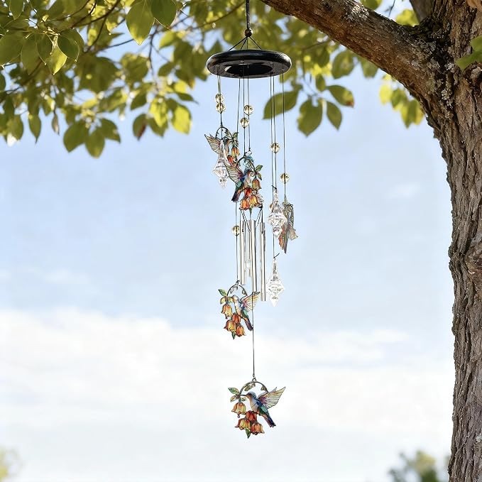 YU FENG Hummingbird Wind Chime, Orange Flower Memorial Suncatcher | 27 Inch Metal Wind Chime, Colorful Flower Design, Sympathy Gift For Women Mom Grandma, Outdoor Garden Decoration