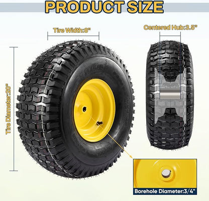 2PCS 20x8.00-8 Rear Tire and Wheel Assemblies, 3/4" Borehole, 3.5" Offset Hub and 3/16" Keyway, 4 Ply, 905lbs Capacity, Replacement for Riding Lawn Mowers