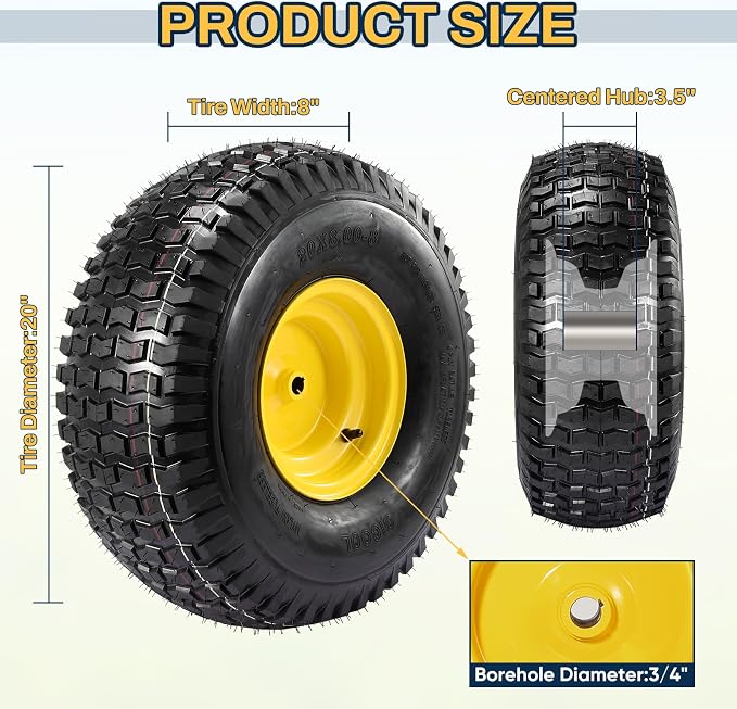 2PCS 20x8.00-8 Rear Tire and Wheel Assemblies, 3/4" Borehole, 3.5" Offset Hub and 3/16" Keyway, 4 Ply Tubeless Tire Compatible with Riding Lawn Mowers