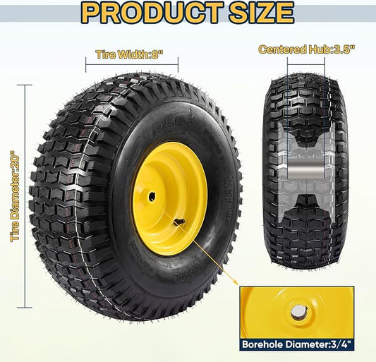2PCS 20x8.00-8 Rear Tire and Wheel Assemblies, 3/4" Borehole, 3.5" Offset Hub and 3/16" Keyway, 4 Ply Tubeless Tire Compatible with Riding Lawn Mowers