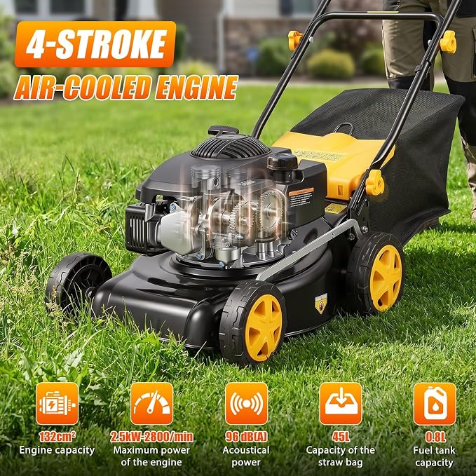 Self Propelled Gas Lawn Mower 16 Inch, 132 cc 4-Cycle Engine, 3-in-1 Rear Wheel Drive Variable Speed Lawn Mower with Mulching, Bagging, Lightweight, Powerful Lawnmower for Garden Yard, Easy Start