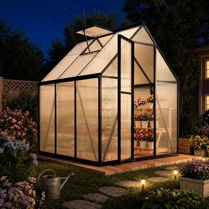 6x6FT Greenhouse for Outdoors, Polycarbonate Greenhouse with Quick Setup Structure and Roof Vent, Aluminum Walk-in Green Houses for Outside Garden Backyard, Charcoal Black