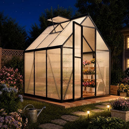 6x6FT Greenhouse for Outdoors, Polycarbonate Greenhouse with Quick Setup Structure and Roof Vent, Aluminum Walk-in Green Houses for Outside Garden Backyard, Charcoal Black