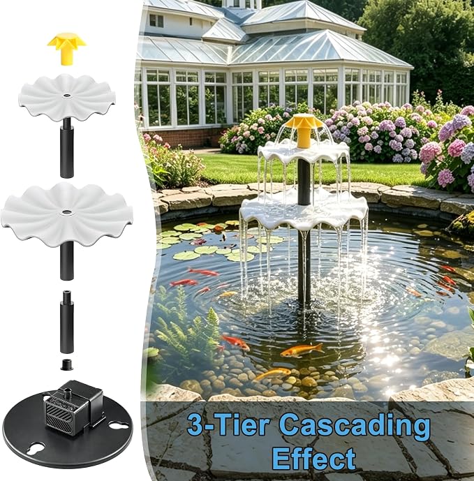 Yeomi 6W Solar Fountain Pump, 3-Tier Waterfall Solar Water Fountain
