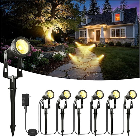 FOOMAN 6-Pack Spot Lights Outdoor, Low Voltage Landscape Lighting, LED Pathway Lights with Transformer, IP68 Waterproof Warm White Spotlight for Yard Garden Flags House Lawn Tree