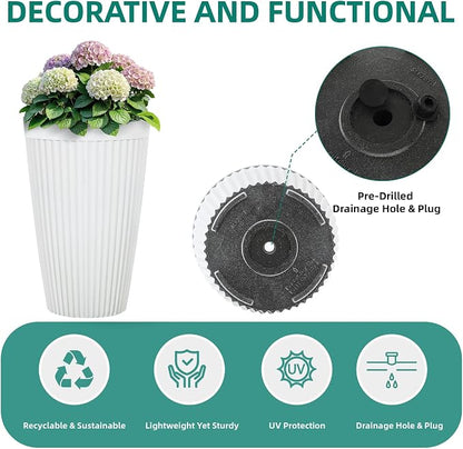 Autodaya 20" Tall Fluted Resin Planters Set of 2 with Drainage Holes | High-Density Weather-Resistant Resin Pots For Indoor and Outdoor Plants, Patio, Garden, Porch, Living Room, Ideal for Gifting