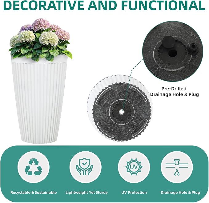 2-Pack 20" Matt White Resin Tall Planters with Fluted Texture | Set of 2 resin tall planters with ceramic look, fluted texture, drainage plugs, and UV-resistant finish for porch or patio