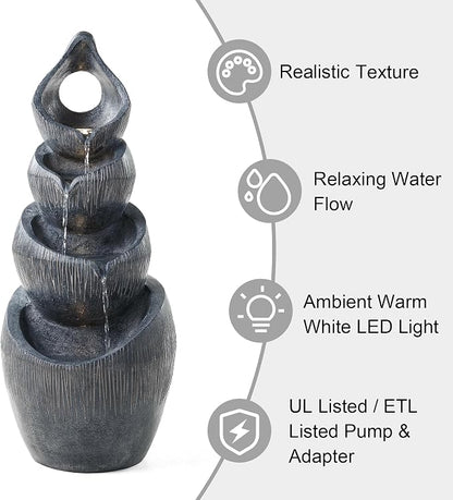 Glitzhome Outdoor Fountain with Lights & Pump, 34" H 4-Tiered Cascading Zen-Style Water Fountain Outdoor, Alms Bowl Polyresin Waterfall Water Feature for Garden, Patio, Yard, Deck Decor