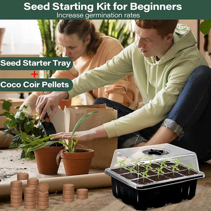 ZeeDix 2 Set Seed Starter Tray Kits with Soil, 2 Pack Seed Trays with 30 Pack Coco Coir Pellets, Adjustable Humidity Germination Tray with Dome Lids for Indoor Plants, Greenhouse for Vegetables Garden