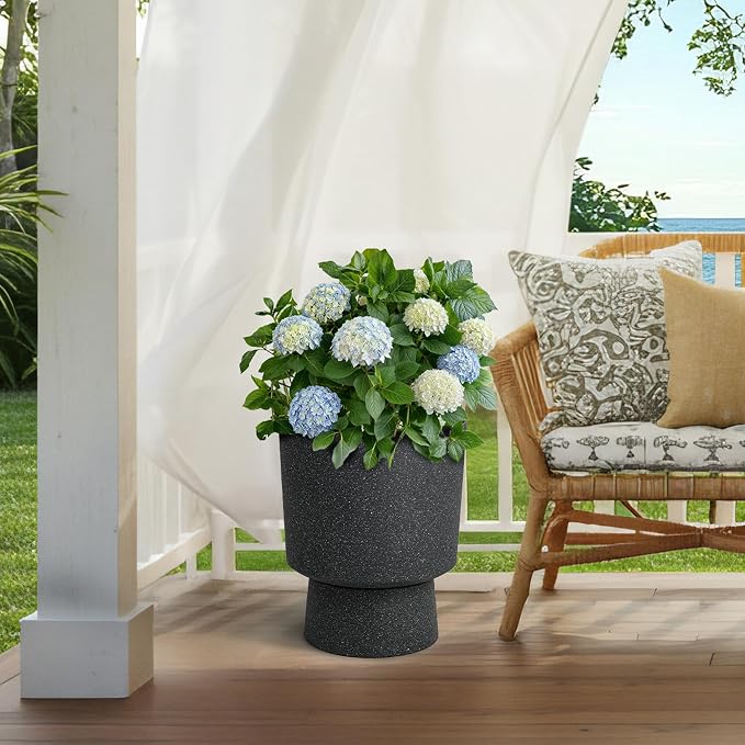 2-Pack 16.8" Black Terrazzo Pedestal Planters with Drainage Holes | Set of 2 PP pedestal planters with black terrazzo finish, drainage plugs, and weather-resistant surface for porch or patio