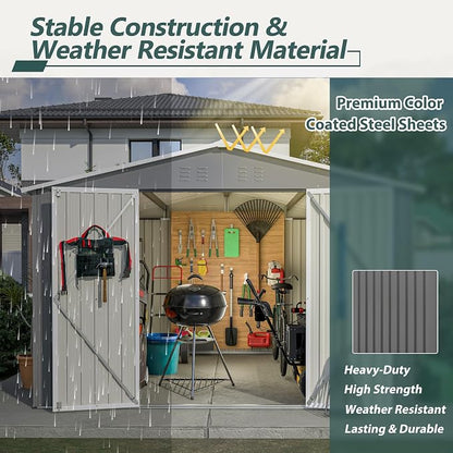 PVWIIK 10x10 FT Large Outdoor Metal Storage Shed, Heavy Duty Waterproof Steel Garden Tool Shed with Lockable Doors, Utility Storage Building for Backyard Patio Lawn Garden, Grey