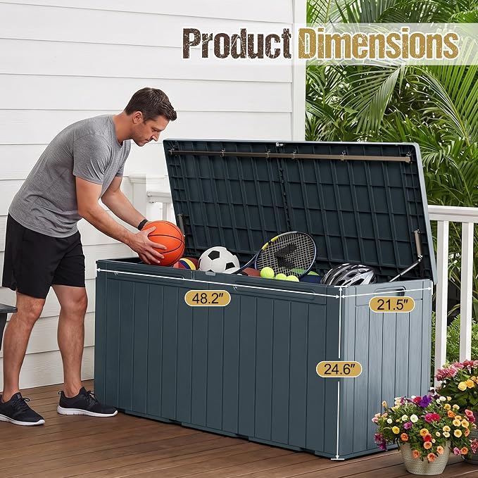 110 Gallon Deck Box Outdoor Indoor Waterproof Storage Box for Patio Furniture, Pool Accessories, Garden Tools, and Cushion Storage, Gray
