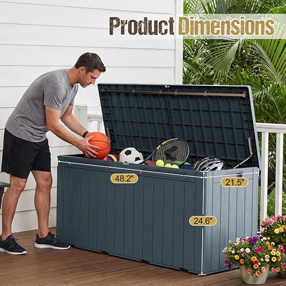 110 Gallon Deck Box Outdoor Indoor Waterproof Storage Box for Patio Furniture, Pool Accessories, Garden Tools, and Cushion Storage, Gray