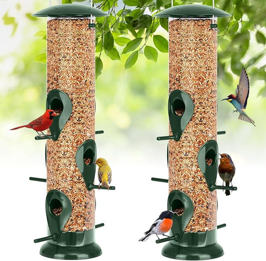 FEED GARDEN Metal Bird Feeder - 6 Port Tube Feeder for Outdoors, Heavy Duty Squirrel Proof with Metal Lid, Easy Fill & Clean, Weather Resistant, 13 Inch 2 Pack