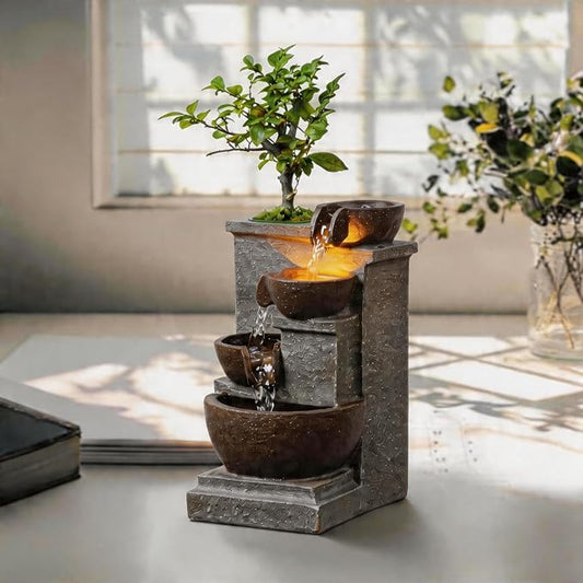 Tolevoit Tabletop Water Fountain Resin Retro Four Cups Vintage Room Decor Lavatory Indoor Decoration Relaxation Waterfall Zen Ambience