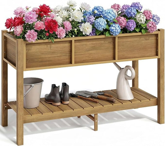 YITAHOME Raised Garden Bed Outdoor HDPE with Shelf, 48x18x30in Poly-Wood Weather-Resistant Elevated Planter Box with Legs for Vegetable Flower, Herb Garden Bed for Backyard Balcony Garden, Brown