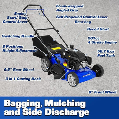 BILT HARD 21" Self Propelled Gas Lawn Mower – 201cc 4-Cycle OHV, 3-in-1 Bagging/Mulching/Side Discharge, 8 Adjustable Cutting Heights & Smooth Easy Start