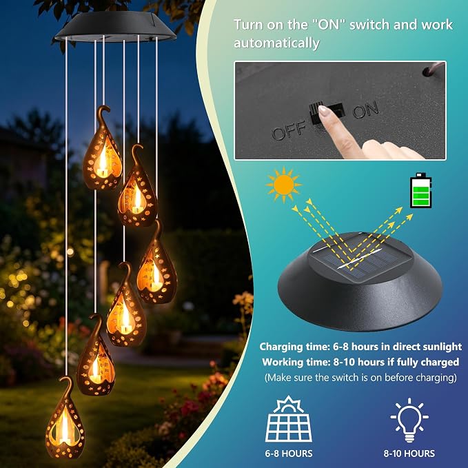 Zeiliuled Solar Wind Chime, Flickering Flame Solar Lantern Wind Chime | Gifts for Mom Grandma Girls, Outdoor Decorative Mobile Lights for Garden, Yard, Patio, Window, Party Décors(Warm White)