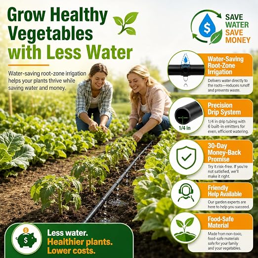 1/4 Drip Irrigation Tubing 200FT, Dripline Tubing with 6 Inch Emitter Spacing, Built-in 0.5 GPH Drippers, 1/4 Irrigation Tubing Drip Line with Fittings and End Plugs for Raised Beds, Garden Rows
