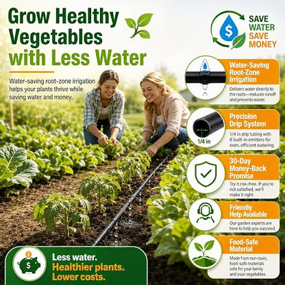 1/4 Drip Irrigation Tubing 200FT, Dripline Tubing with 6 Inch Emitter Spacing, Built-in 0.5 GPH Drippers, 1/4 Irrigation Tubing Drip Line with Fittings and End Plugs for Raised Beds, Garden Rows