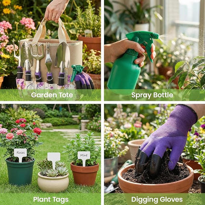 Garden Tools Set, 30 Piece Stainless Steel Gardening Kit with Vintage Floral Tote Bag, Non-Slip Ergonomic Rubber Handle, Ideal Gift for Women & Beginners, for Succulent, Home Garden