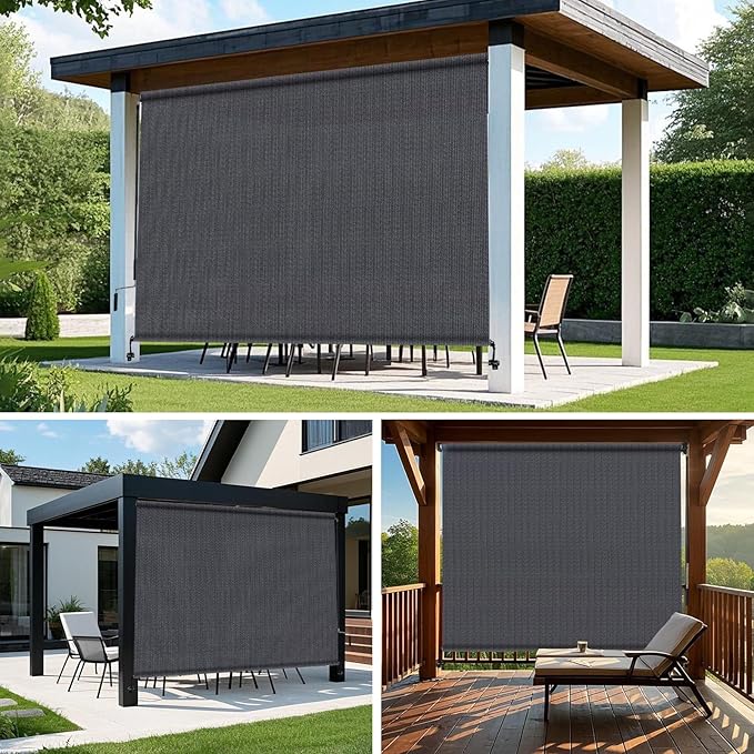 KANAGAWA Outdoor Roller Shade 8'X6' Blue Grey Exterior Cordless Patio Roll Up Shades for Outside Pergola Porch, Outdoor Blinds for Patio