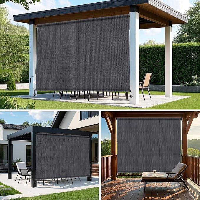 KANAGAWA Outdoor Roller Shade 7'X6' Blue Grey Exterior Cordless Patio Roll Up Shades for Outside Pergola Porch, Outdoor Blinds for Patio