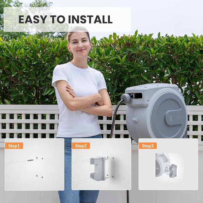 Giraffe Tools Retractable Garden Hose Reel, 5/8 in x 90 ft Heavy Duty Hose Reel With 7 Pattern Nozzle, Any Length Lock, Wall Mount Water Hose Reel, 180°Swivel, Light Grey
