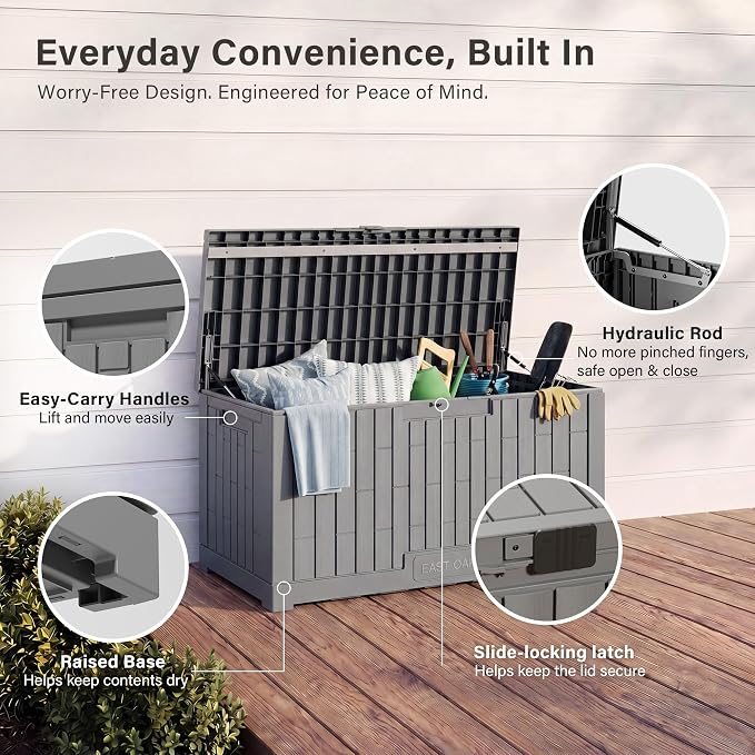 EAST OAK Outdoor Storage Box, 100 Gallon Deck Box, Waterproof Resin Storage Bench for Patio Cushions, Gardening Tools, Pool Toys, Lockable, UV Resistant, Grey