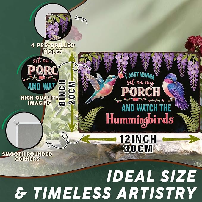PEACHGARDEN Garden Wall Art Decor Hummingbirds Metal Sign I Just Wanna Sit On My Porch And Watch The Hummingbirds Wall Decor for Garden Yard Patio Porch 8x12 inch
