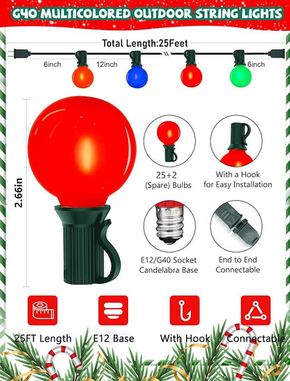 G40 LED Outdoor Christmas String Lights, 25FT Hanging Globe String Light | 25+2 Shatterproof Ceramic Multicolor Lights, Connectable, Waterproof Patio Lights for Balcony Pergola Decor, Green Wire