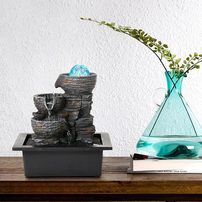 Dyna-Living Water Fountain Indoor Tabletop Waterfall Fountain with LED | Colorful Light Indoor Fountains and Waterfalls with Rolling Ball, Quiet Pump for Relaxation, Zen Home & Office Desk Décor