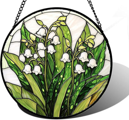 DASTOLL Stained Glass Window Hanging, Lily of the Valley Flower Sun Catchers Colorful Glass Panel Green Plants Suncatcher Decor for Birthday for Women,Men,Wife, Lovers, and Mom 7.8 in